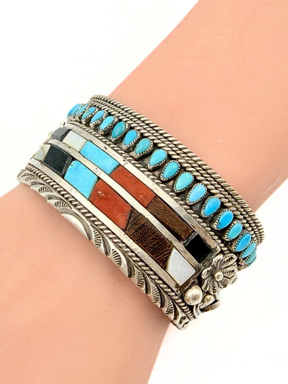 Leo Harvey Marked Navajo Sterling Silver Multi Stone Mosaic Cuff Bracelet